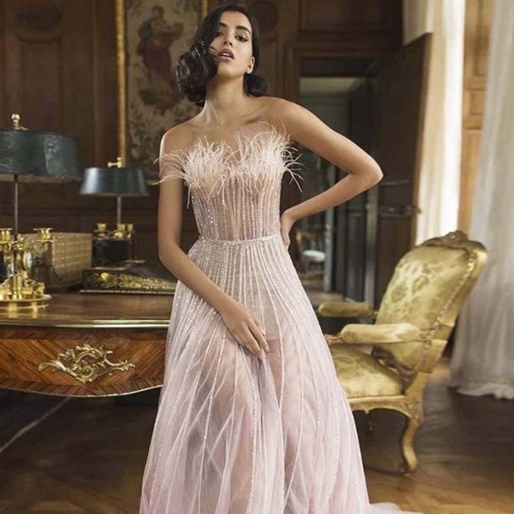 Brand new pink feather chiffon beaded dress size 8